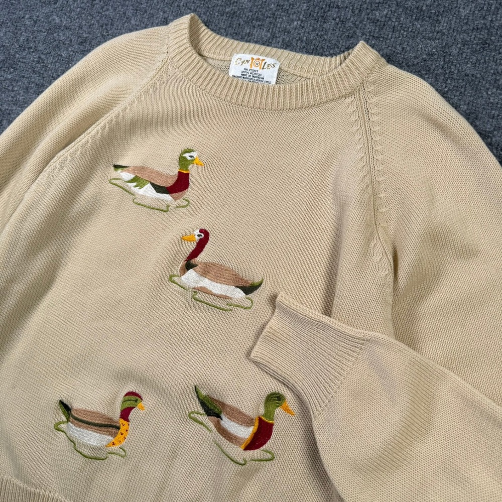 Cyntles Duck Sweater Womens S Tan Embroidered Mallard Raglan Knit Vintage